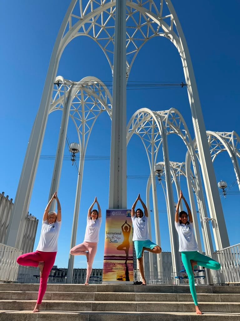 Participants perform yoga poses during a session organised by Indian diplomatic missions abroad ahead of the 12th International Day of Yoga celebrations.