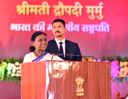 President Droupadi Murmu during the Padma Awards 2026 Civil Investiture Ceremony at Rashtrapati Bhawan.