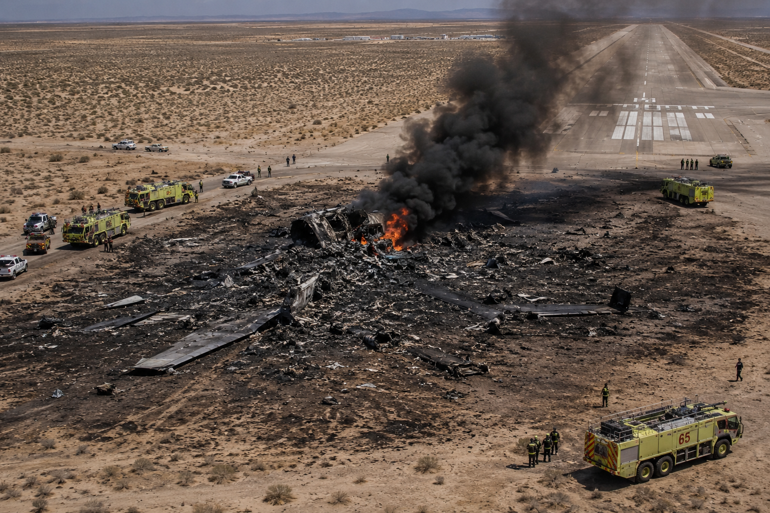 Aerial view of a military aircraft crash site in a desert area, showing burning wreckage, thick black smoke, emergency response vehicles, and firefighters near a runway.