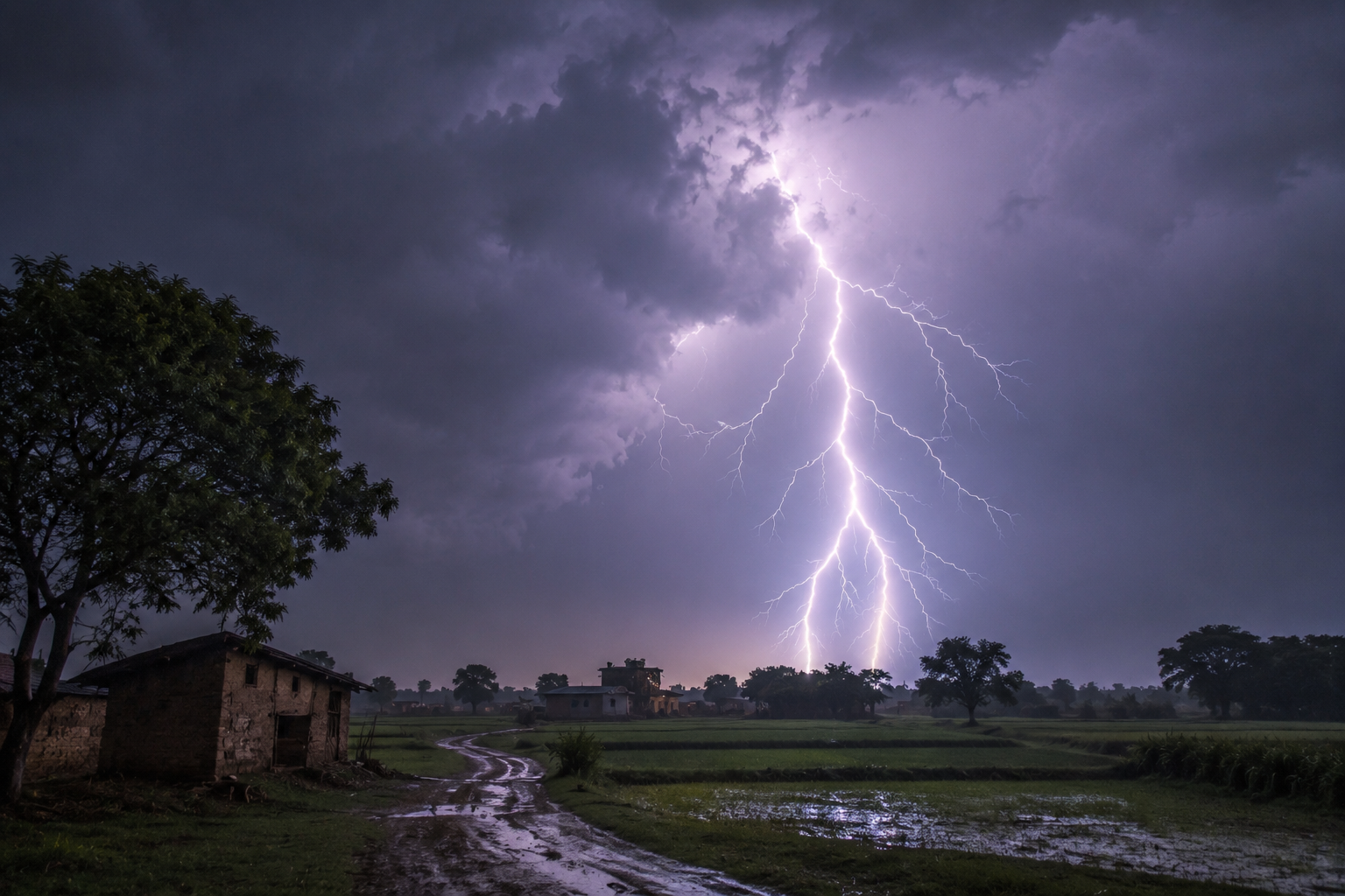 Dark storm clouds gather over rural farmland in Bihar as lightning strikes the ground during severe weather, with villagers in the distance and emergency responders arriving at the scene.