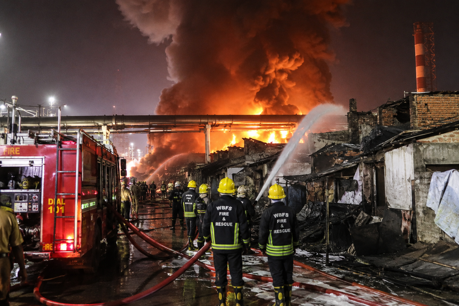 Firefighters battle a massive blaze after a naphtha pipeline caught fire near Haldia Petrochemicals in West Bengal, with emergency teams carrying out rescue operations.