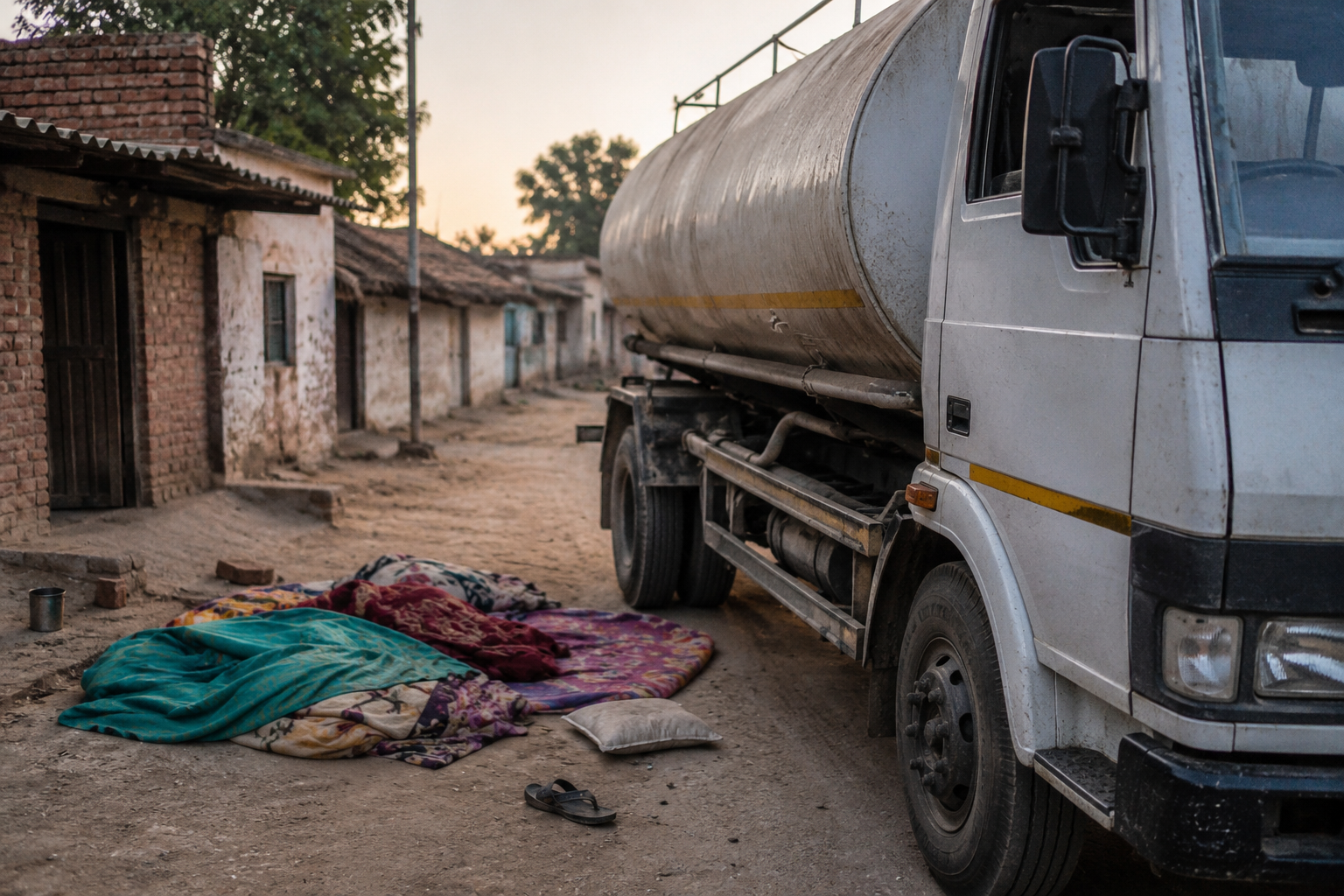 Gas tanker parked near a village road after a tragic accident in Firozabad, Uttar Pradesh, where two people died and a teenage girl was critically injured while sleeping outside their home.