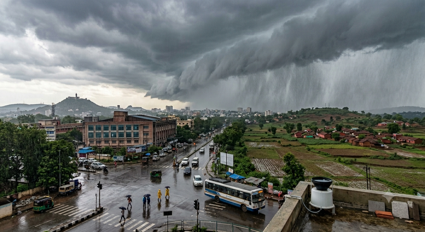 Rain pouring down over urban streets and trees during the monsoon onset in Jharkhand