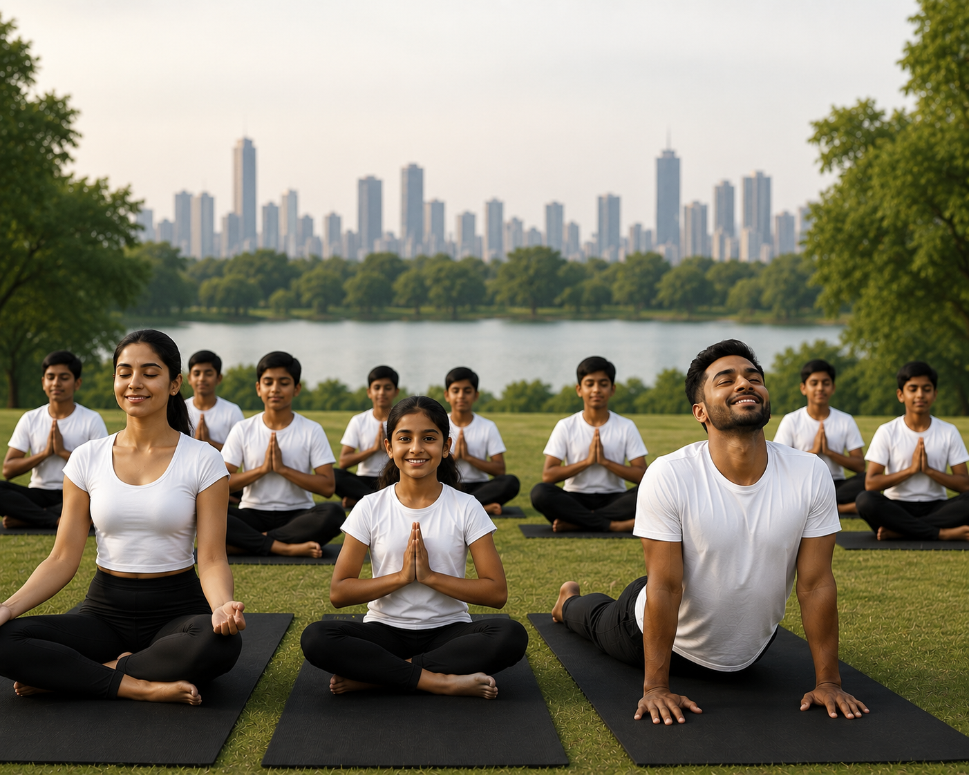 Students and teachers performing yoga asanas during the 12th International Day of Yoga celebrations at a school assembly in Ranchi, Jharkhand.