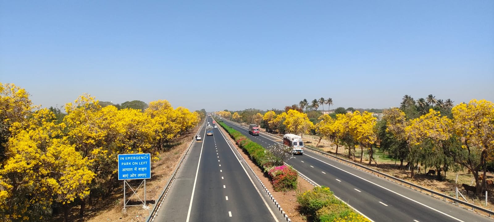 Commercial trucks and vehicles parked illegally on the shoulder of a multi-lane National Highway causing a traffic hazard