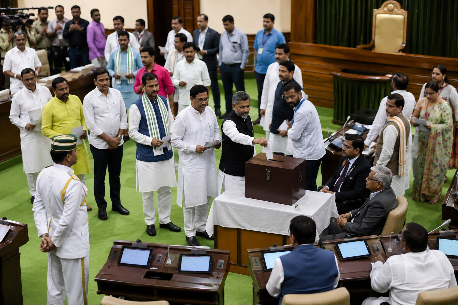 Jharkhand MLAs cast votes in the Rajya Sabha election at the state assembly in Ranchi.