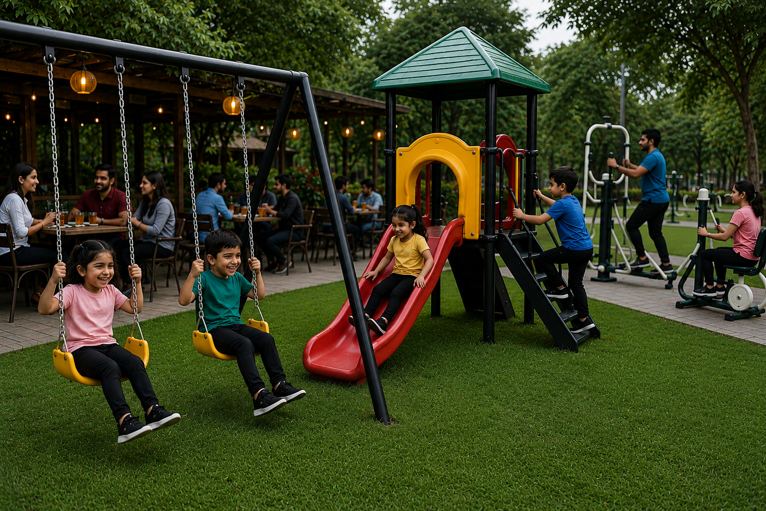 A brightly lit outdoor restaurant patio where young children are happily playing on a small, colorful swing and slide set