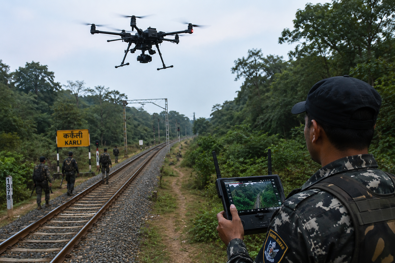 Advanced surveillance drone flying over remote railway tracks and dense forested terrain to monitor infrastructure security.