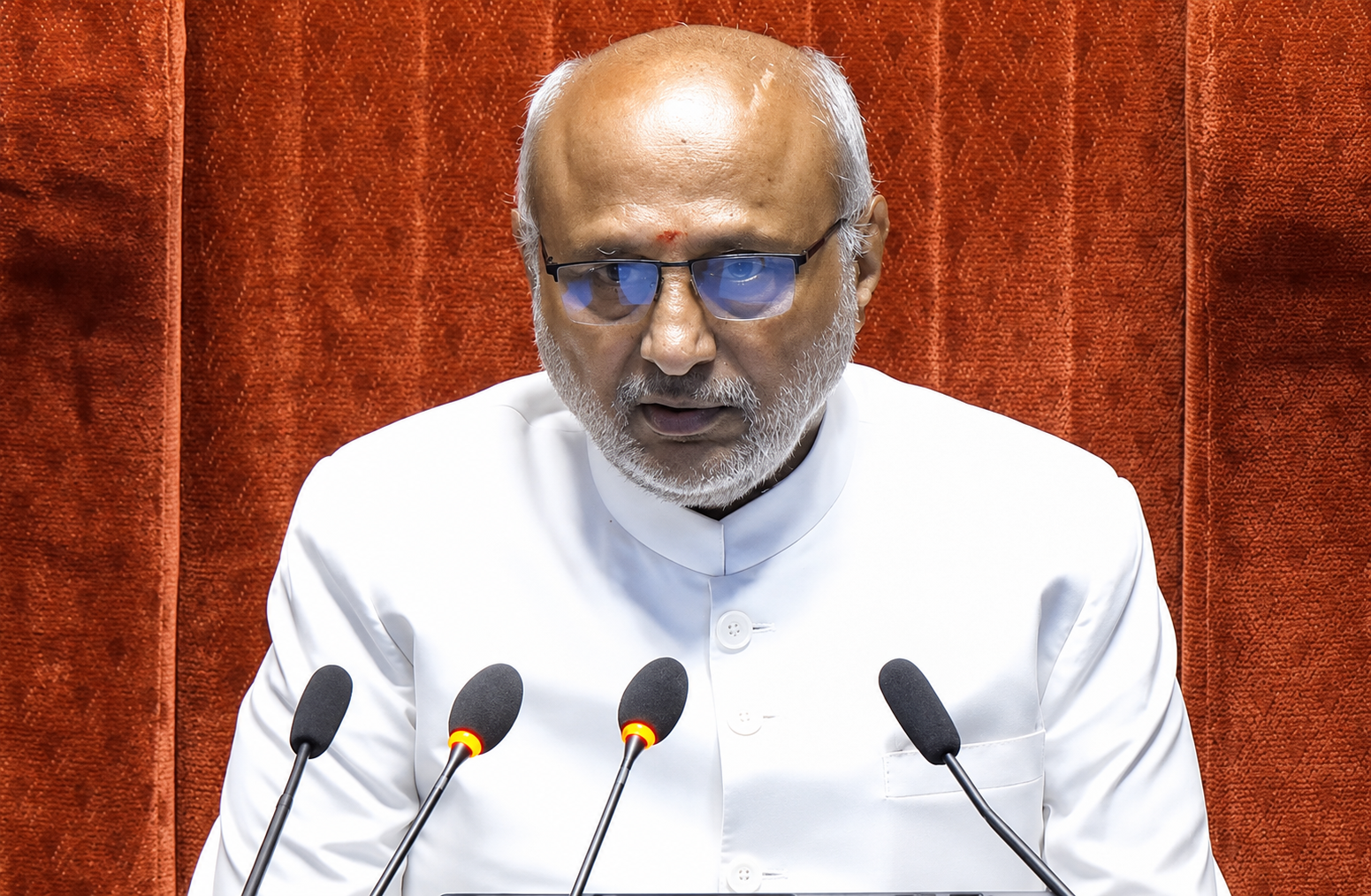 Vice-President and Rajya Sabha Chairman C.P. Radhakrishnan administering the oath of office to newly elected Member of Parliament at the Parliament House in New Delhi.