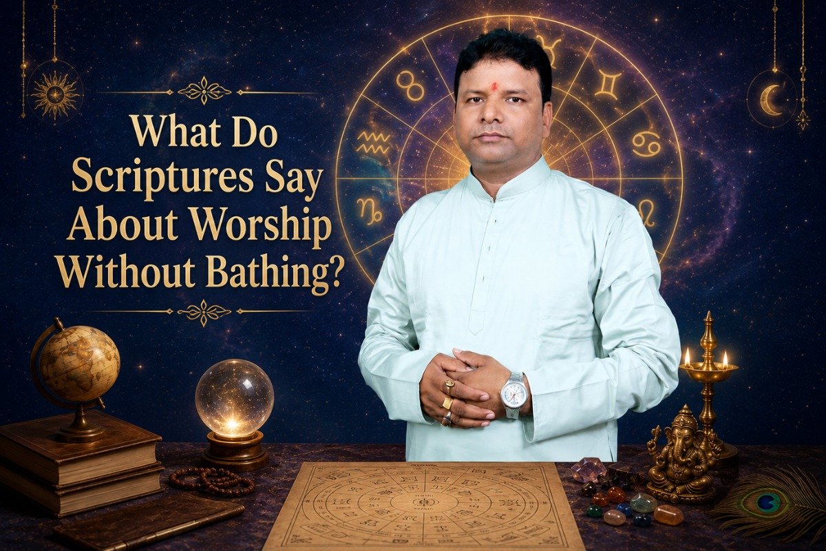 A clean, serene home temple setup with burning incense sticks and a lit diya, representing the scriptural concept of mental and physical purity before worship.