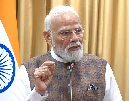 Narendra Modi addresses a public event ahead of the inauguration of infrastructure and semiconductor projects in Rajasthan and Gujarat.