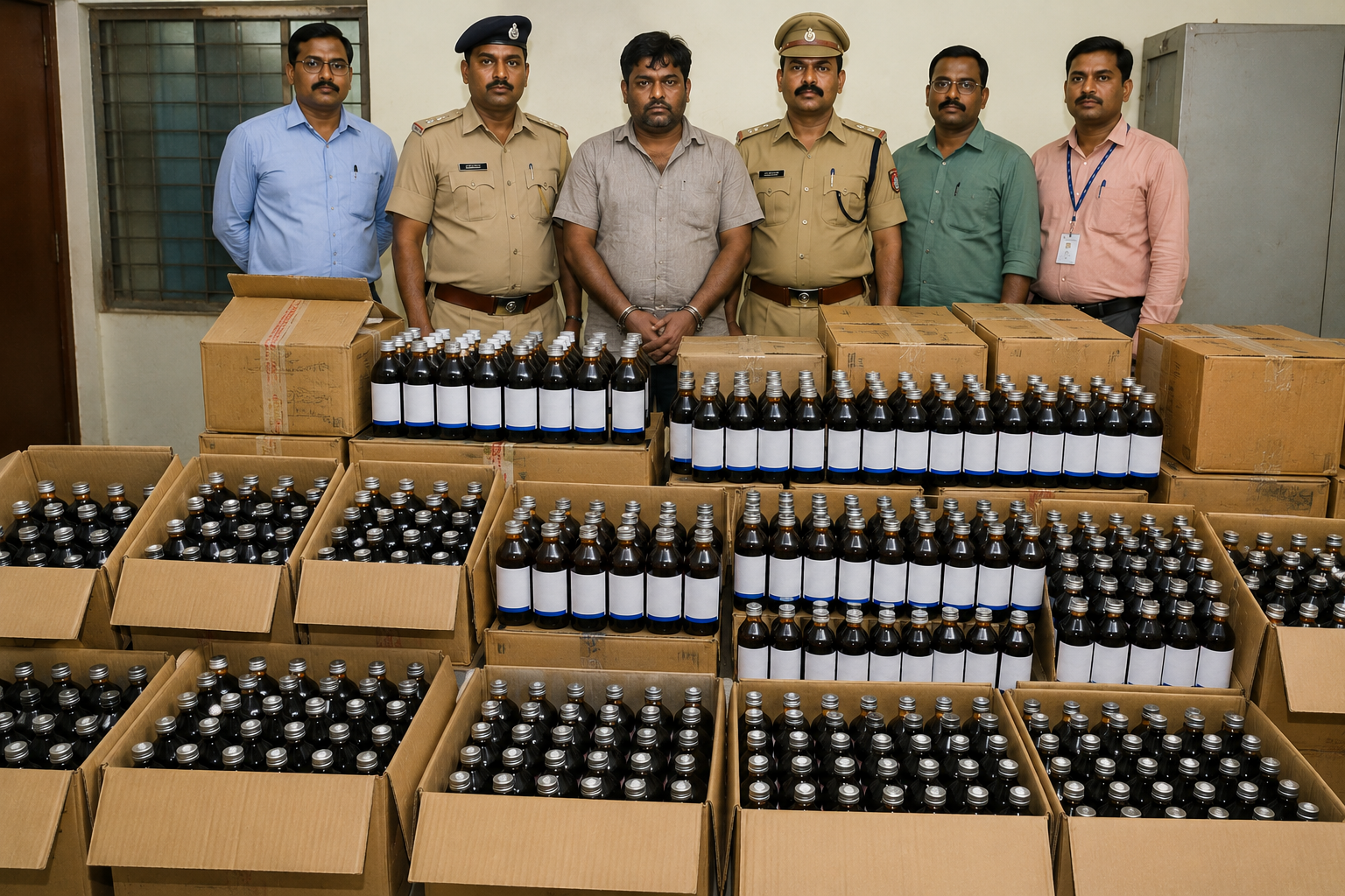 Police officers stand beside cartons containing hundreds of seized cough syrup bottles at an indoor location following a joint raid on an illegal warehouse.
