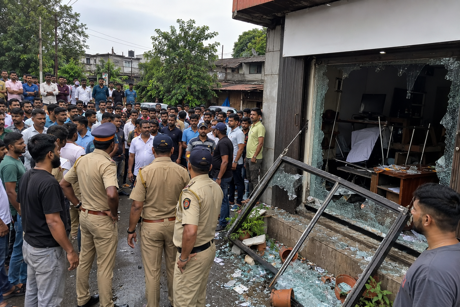 Police personnel stand outside a damaged office as a crowd gathers in Ambernath, Maharashtra, following unrest after the death of a 21-year-old assault victim.