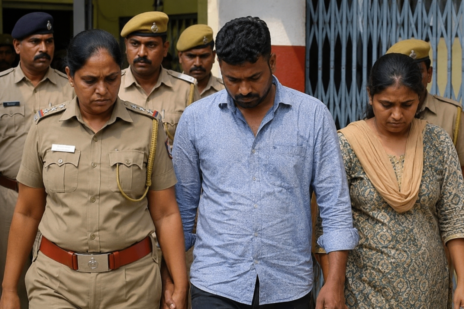 Police escort three arrested suspects, including a suspended woman police inspector, following an investigation into an alleged Rs 8.17 crore investment fraud linked to a Chennai-based firm.