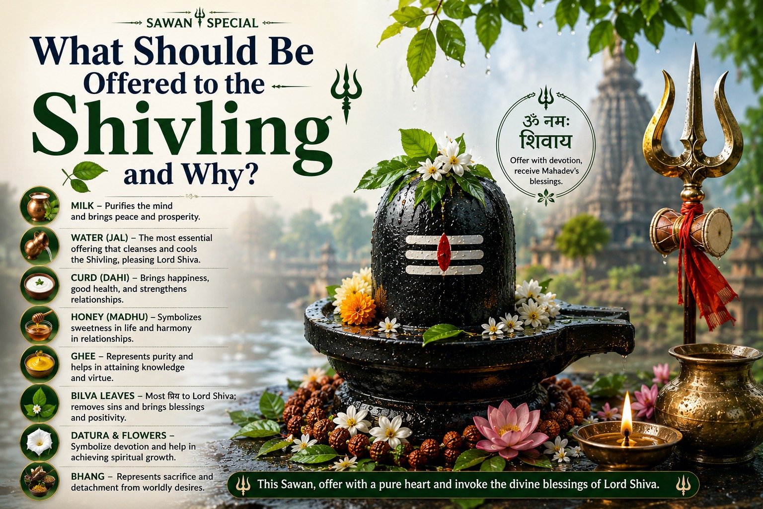 Shivling with sacred offerings including water, Bel leaves, milk, Datura and sandalwood during Sawan Puja