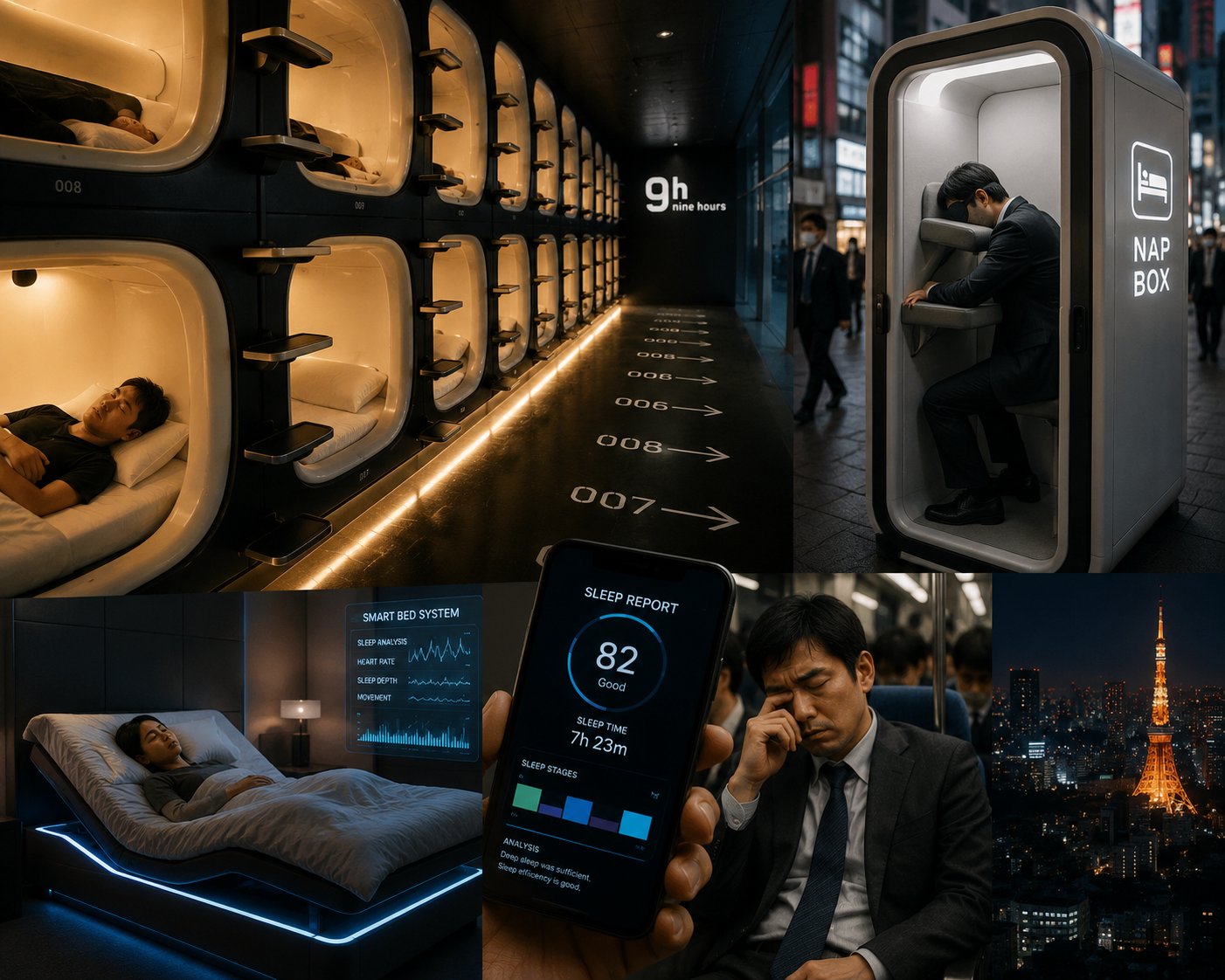 Futuristic sleep pods at the Nine Hours capsule hotel in Tokyo, Japan, showcasing smart sleep technology and monitoring sensors for urban workers.