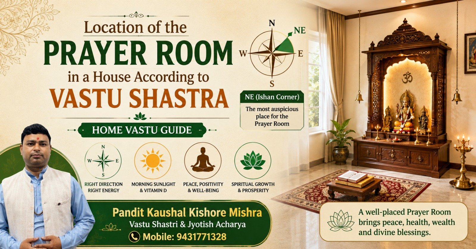 Illustration of an ideal Vastu compliant home pooja room in the Ishan corner facing East