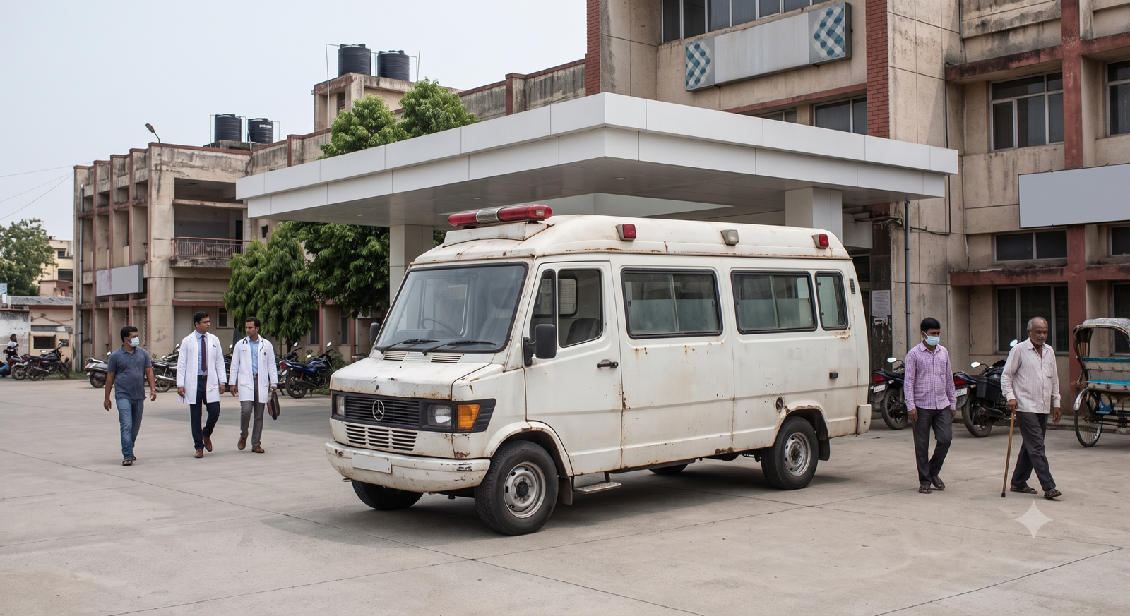 A emergency 108 ambulance parked at Sadar Hospital in East Singhbhum facing operational and equipment deficiencies