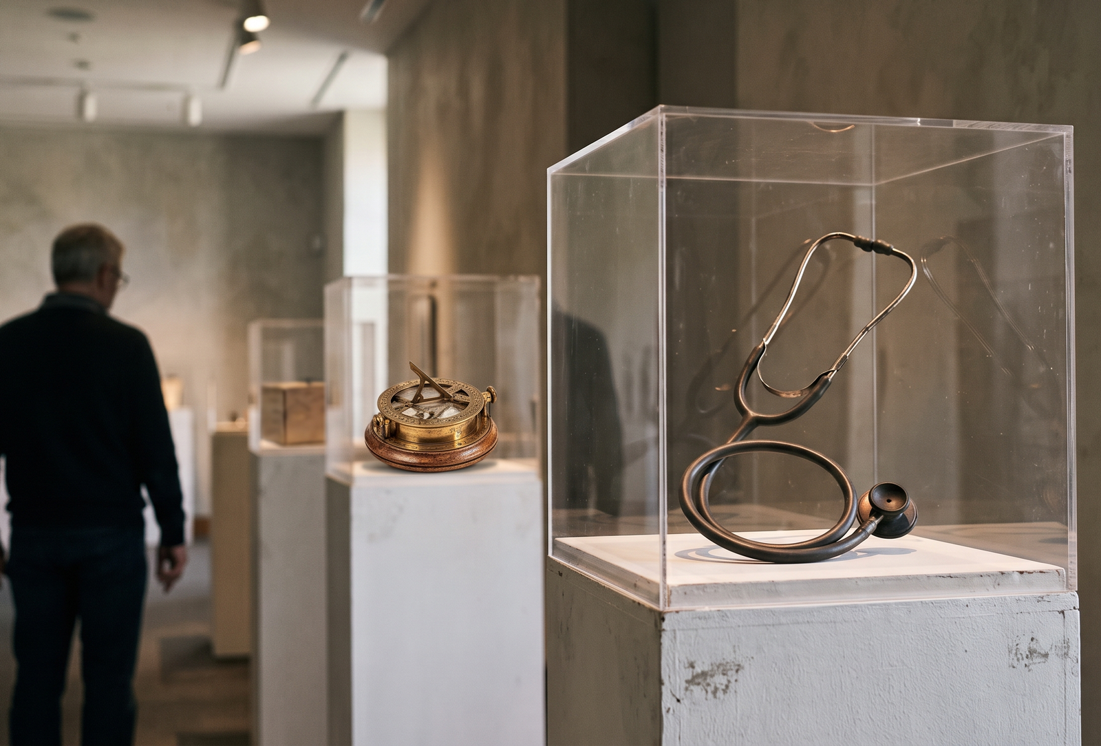 A close-up of a silver medical stethoscope resting gently on a worn, dark wooden table, symbolizing a broken bond and professional grief.