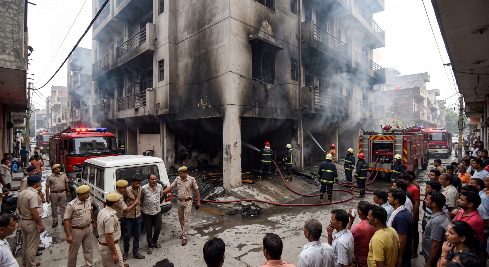 Fire department engines and police vehicles stationed outside a smoke-damaged residential building in Noida during an emergency response operation.