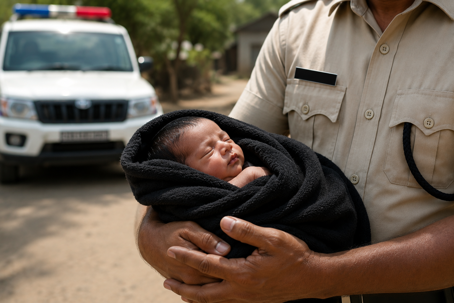 Police and Child Welfare Committee officials rescuing a infant during an investigation into a child selling case in Telangana.