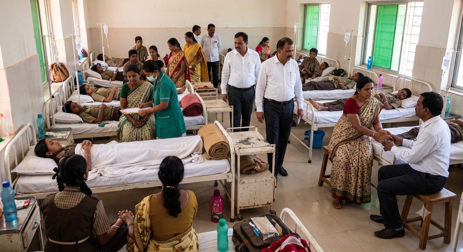 Exterior view of a government residential taluk hospital in Karnataka, where students are receiving medical treatment for suspected food and water contamination.