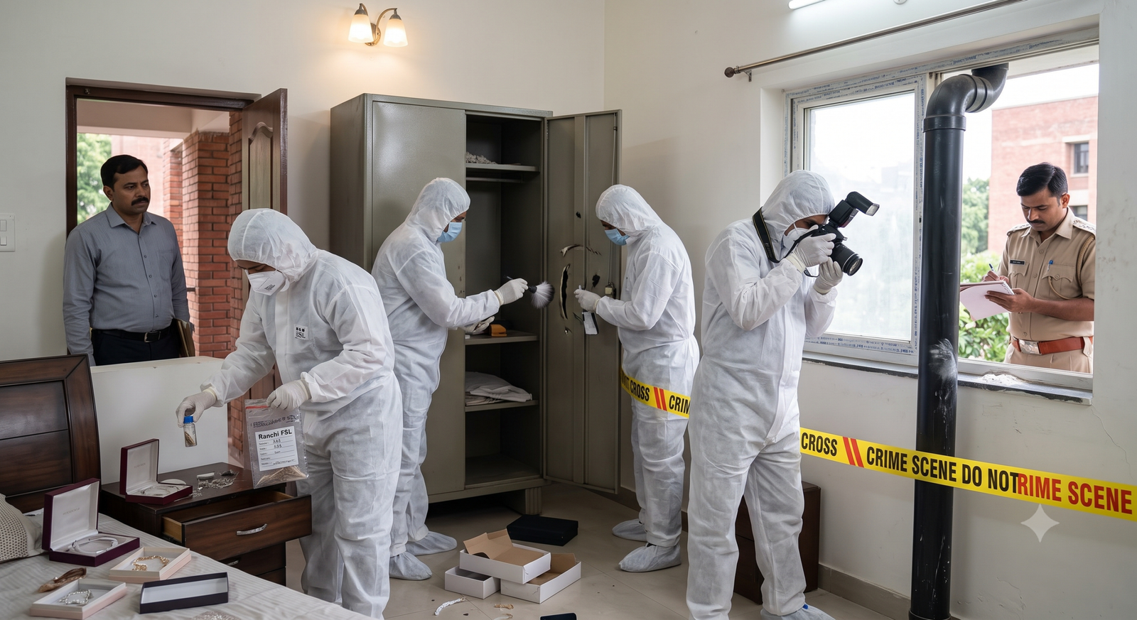 Police investigation team inspecting a building facade for evidence following a high-value residential burglary
