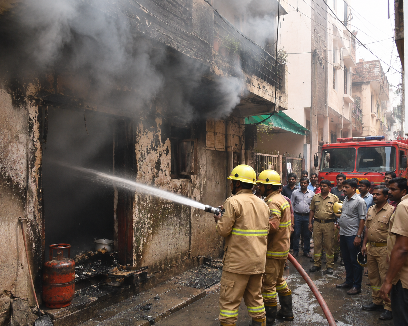 Firefighters using hose reels to extinguish a residential kitchen fire caused by a gas cylinder blast in Ghaziabad