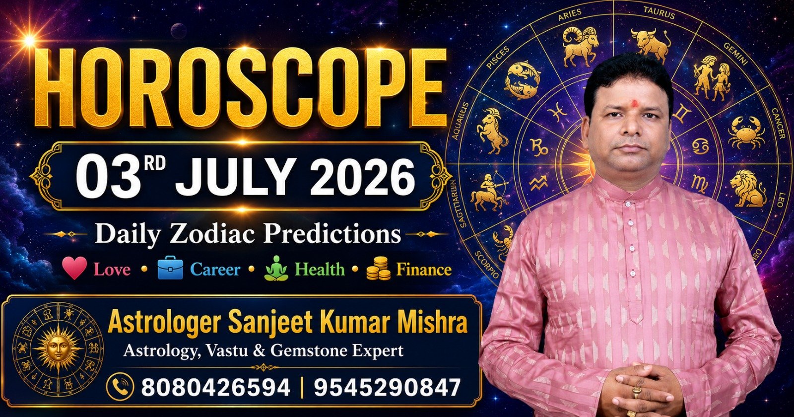 Daily Horoscope, July 3, 2026: Get accurate astrology predictions for Aries, Taurus, Gemini, and other zodiac signs. Discover your lucky number, color, and remedy today.