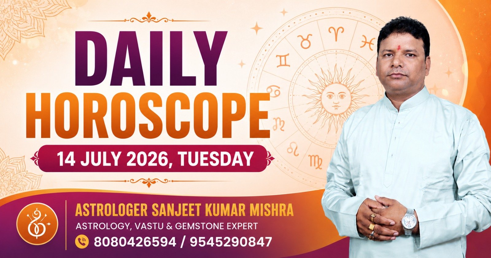 Daily horoscope chart for July 14, 2026, showing astrology predictions, lucky numbers, and lucky colors for all twelve zodiac signs.