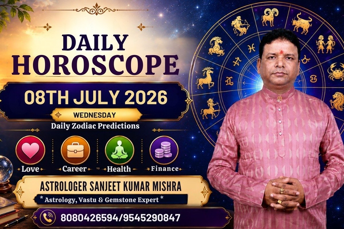 Daily horoscope today, July 8, 2026, featuring zodiac signs, lucky colors, numbers, and daily rashifal remedies by Astrologer Sanjeet Kumar Mishra.