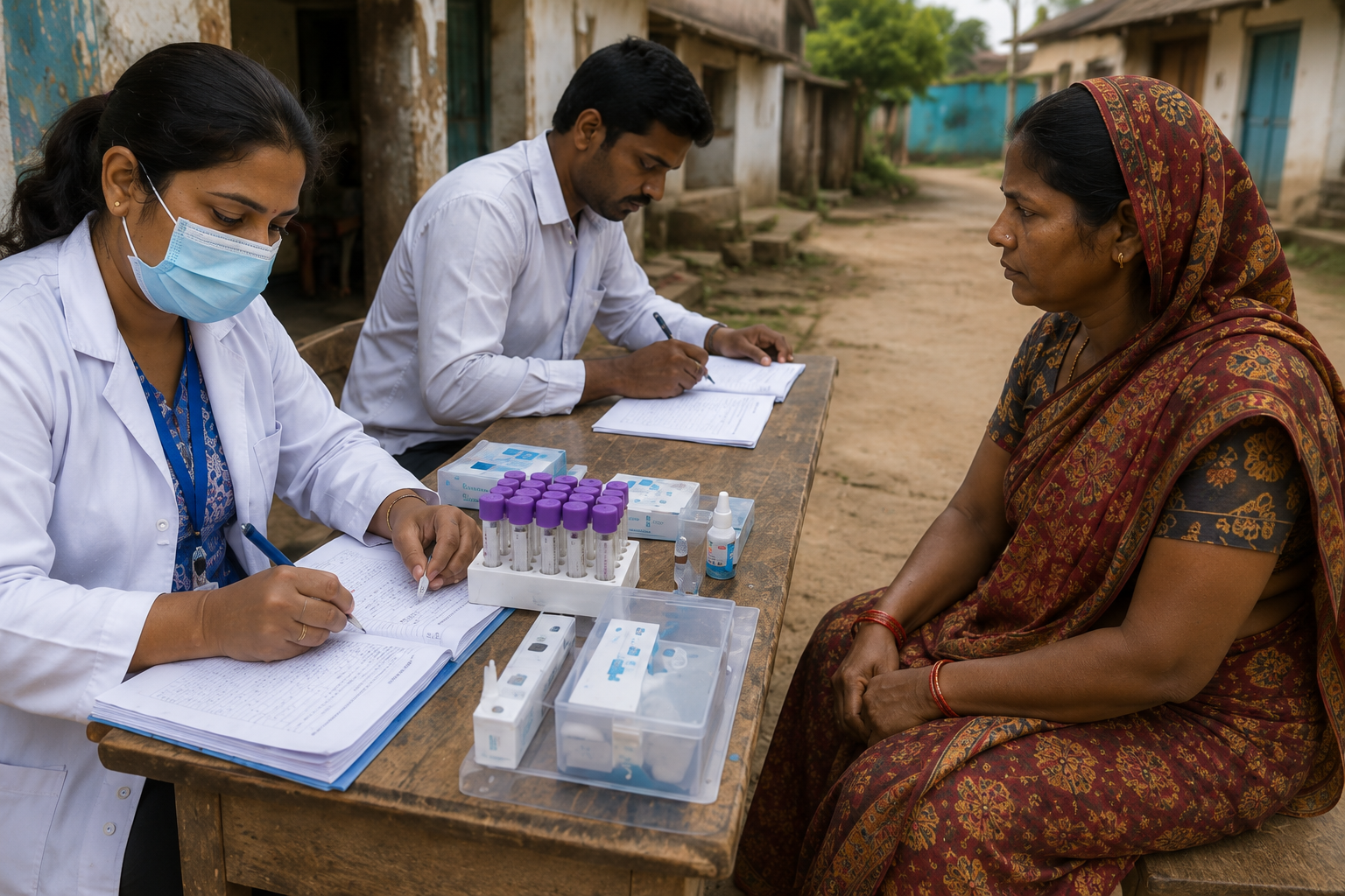 Medical team conducting an emergency blood screening camp for malaria detection in an affected village in East Singhbhum Jharkhand.