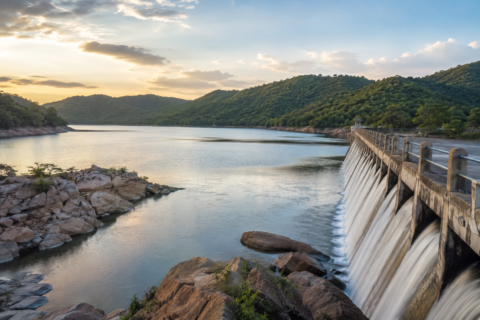 Panoramic view of Kanke Dam reservoir in Ranchi surrounded by the scenic Gonda Hills.