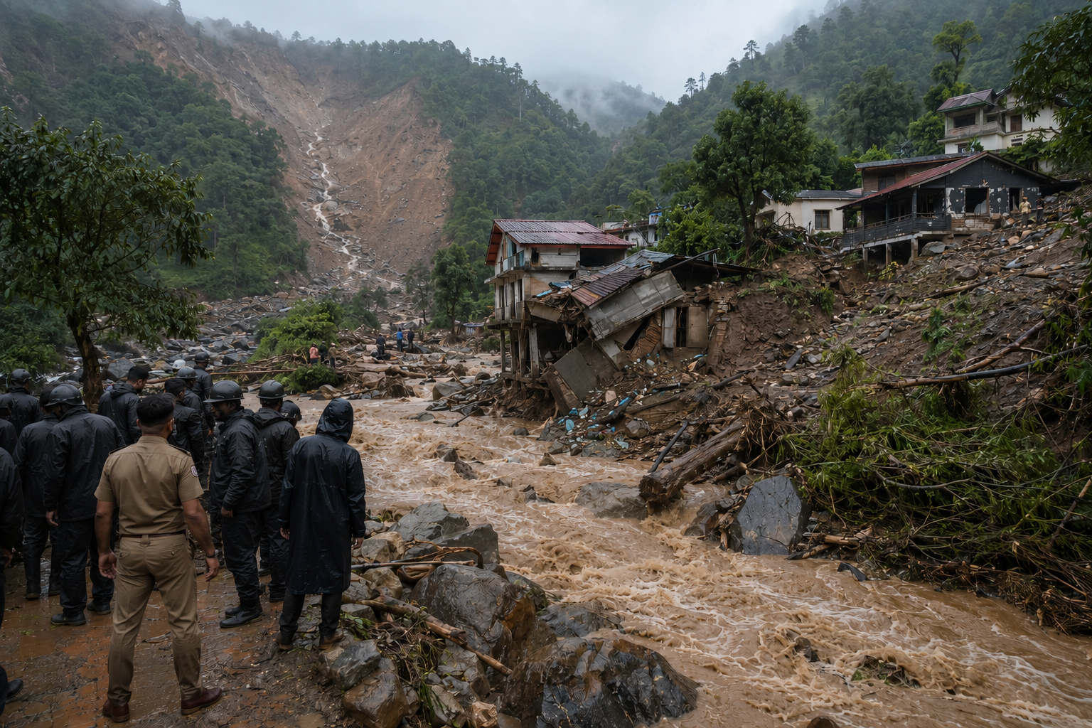 A drone view of a rural mountainous region showing a severe landslide that has washed away a section of a road and damaged houses below.