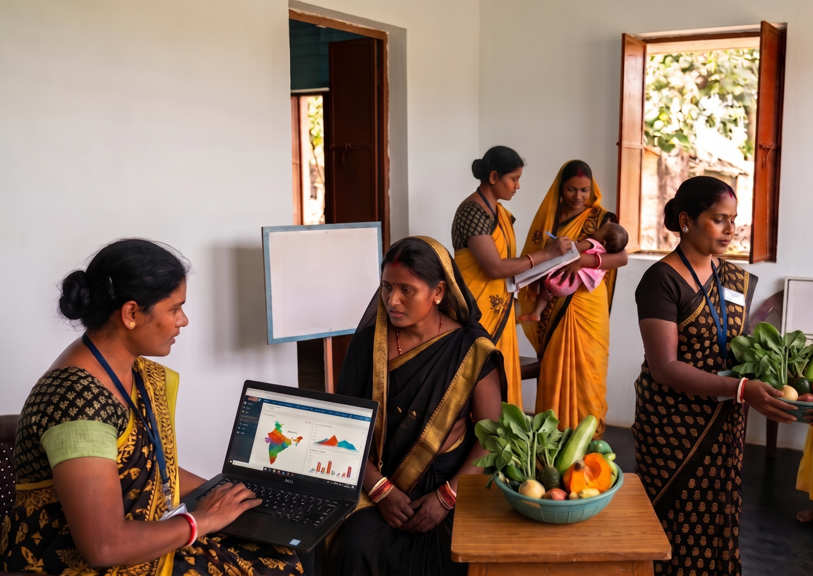 A pregnant woman attending a health checkup at a rural Anganwadi center in Jharkhand, illustrating the Pradhan Mantri Matru Vandana Yojana enrollment drive.