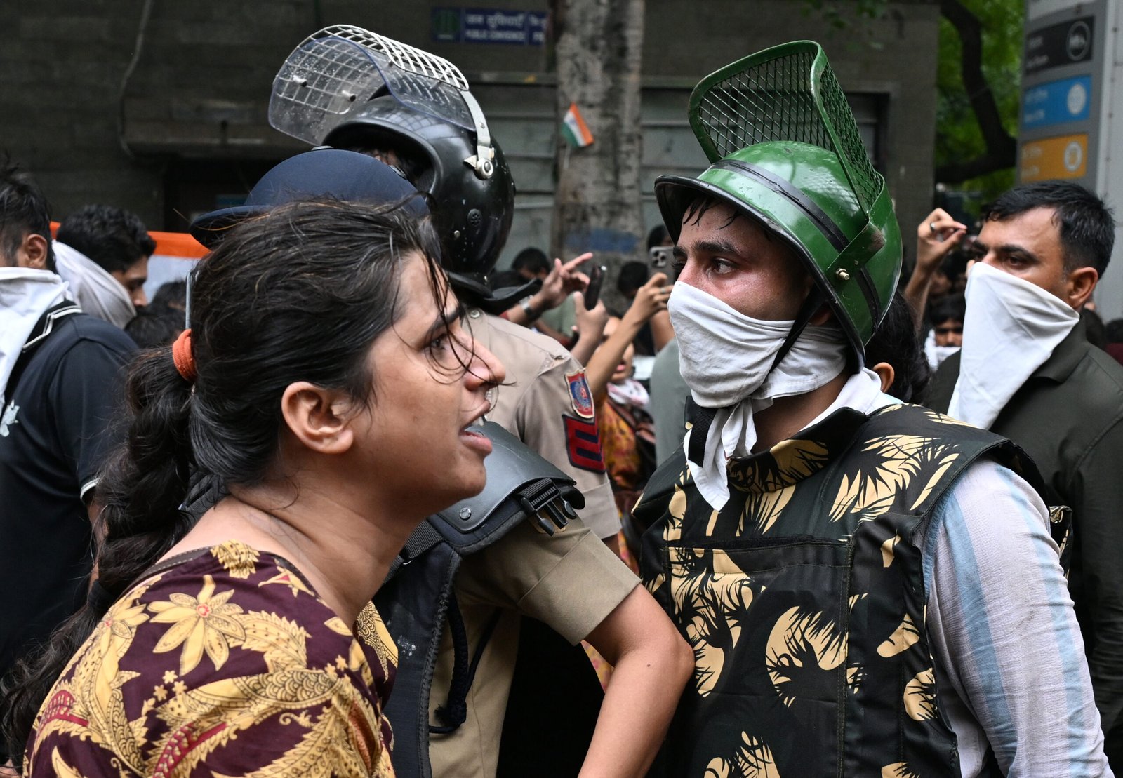 Delhi Police personnel maintaining law and order near Jantar Mantar during violent student and political protests in New Delhi.