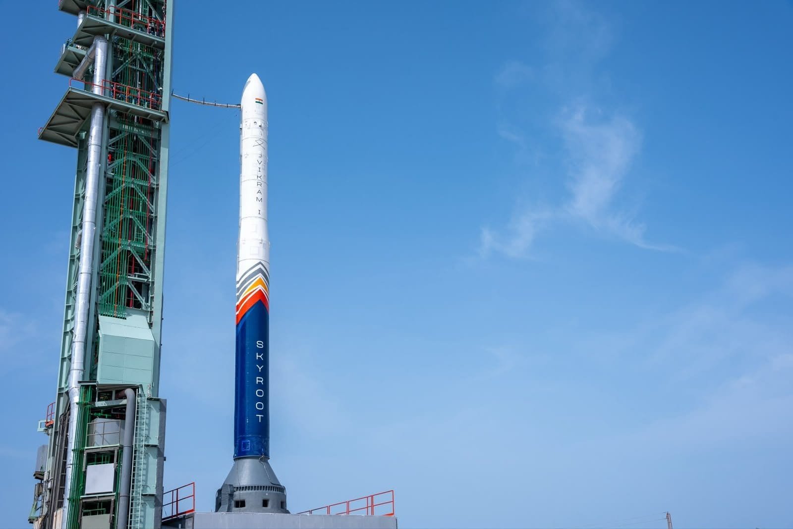 Skyroot Aerospace's Vikram-1 rocket, an all-carbon composite seven-story-tall launch vehicle, lifting off from the Satish Dhawan Space Centre launch pad in Sriharikota.