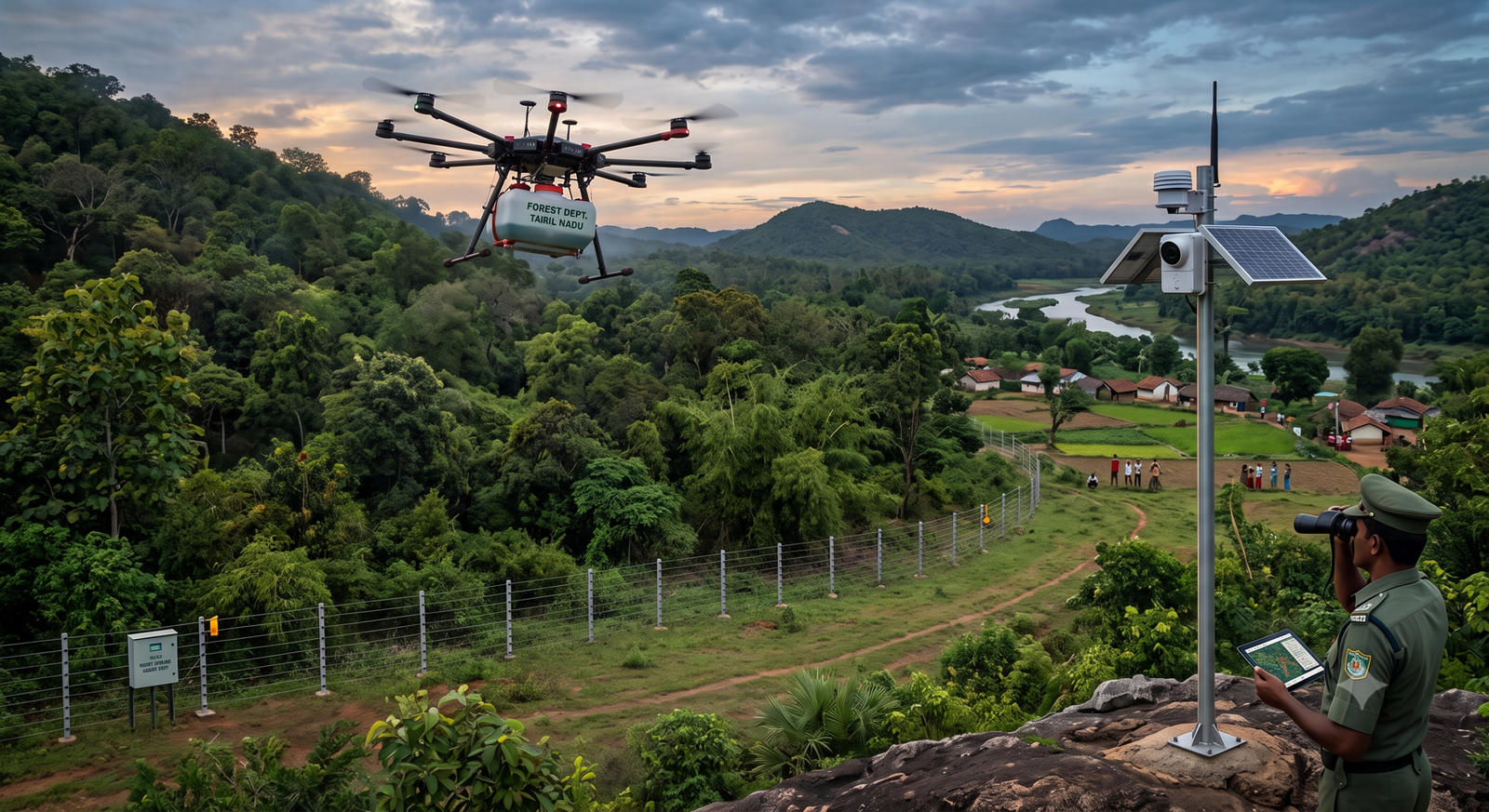 An advanced heavy-lift technological drone hovering over a dense forest area, preparing to deploy aerial water-spraying systems.
