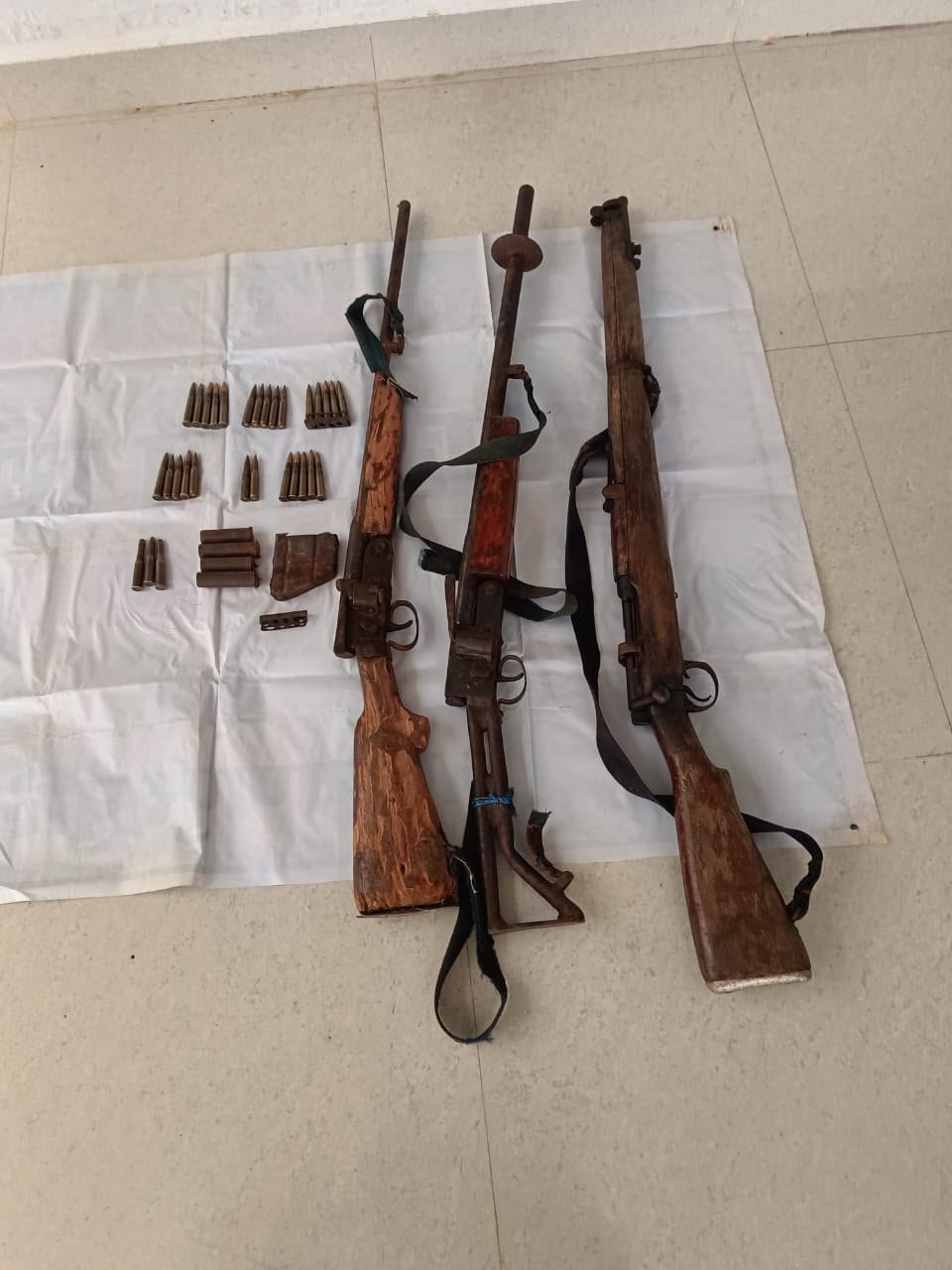 Security forces conducting a joint search operation in the dense forests of Narayanpur, Chhattisgarh, where a Naxal weapon was uncovered..