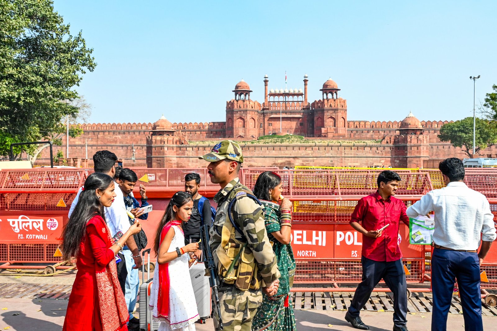 Delhi Police and paramilitary personnel deployed on high alert for security checks around the Red Fort ahead of Independence Day celebrations