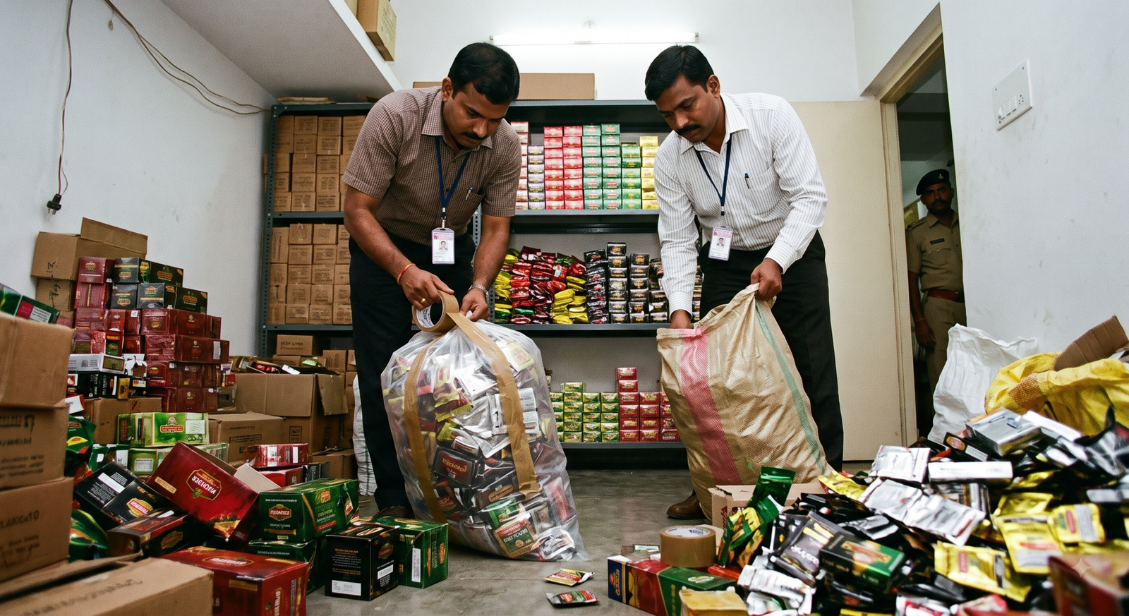 Karnataka Food Safety Officers conducting inspection and seizing prohibited gutkha and nicotine pan masala sachets