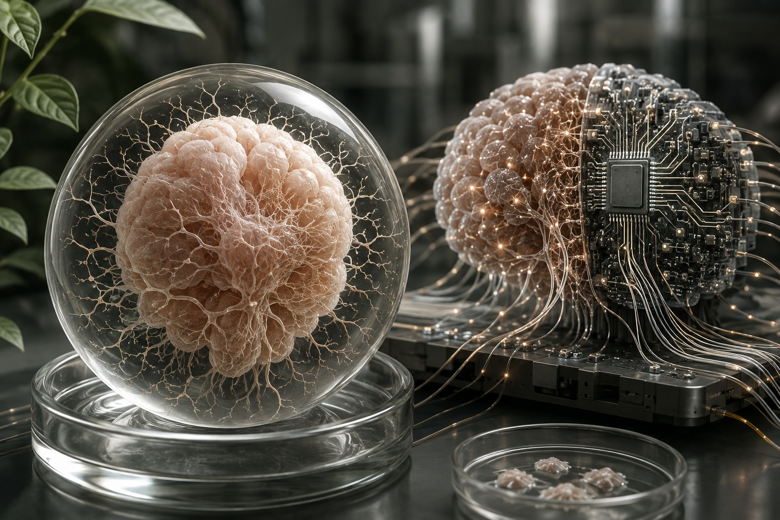 Microscopic view of a lab-grown three-dimensional human brain organoid connected to microelectrode arrays