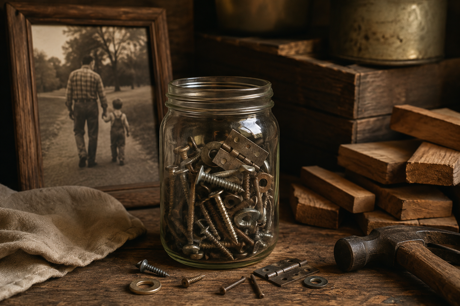 A glass jar labelled Dad's Jar sitting on a workshop shelf filled with screws, washers, and bent nails
