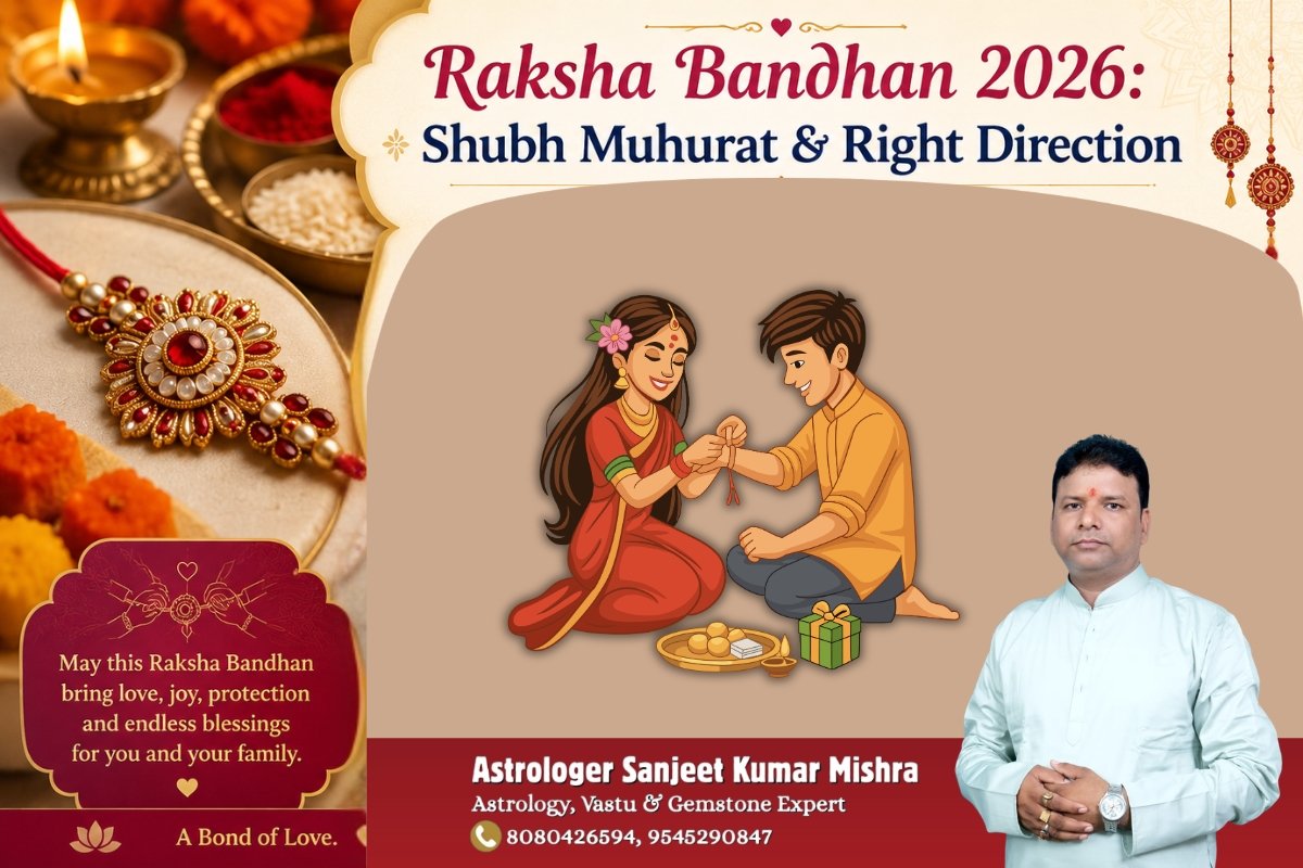 A traditional Rakhi thali with roli, chawal, and sweets as a sister ties a Rakhi on her brother's wrist