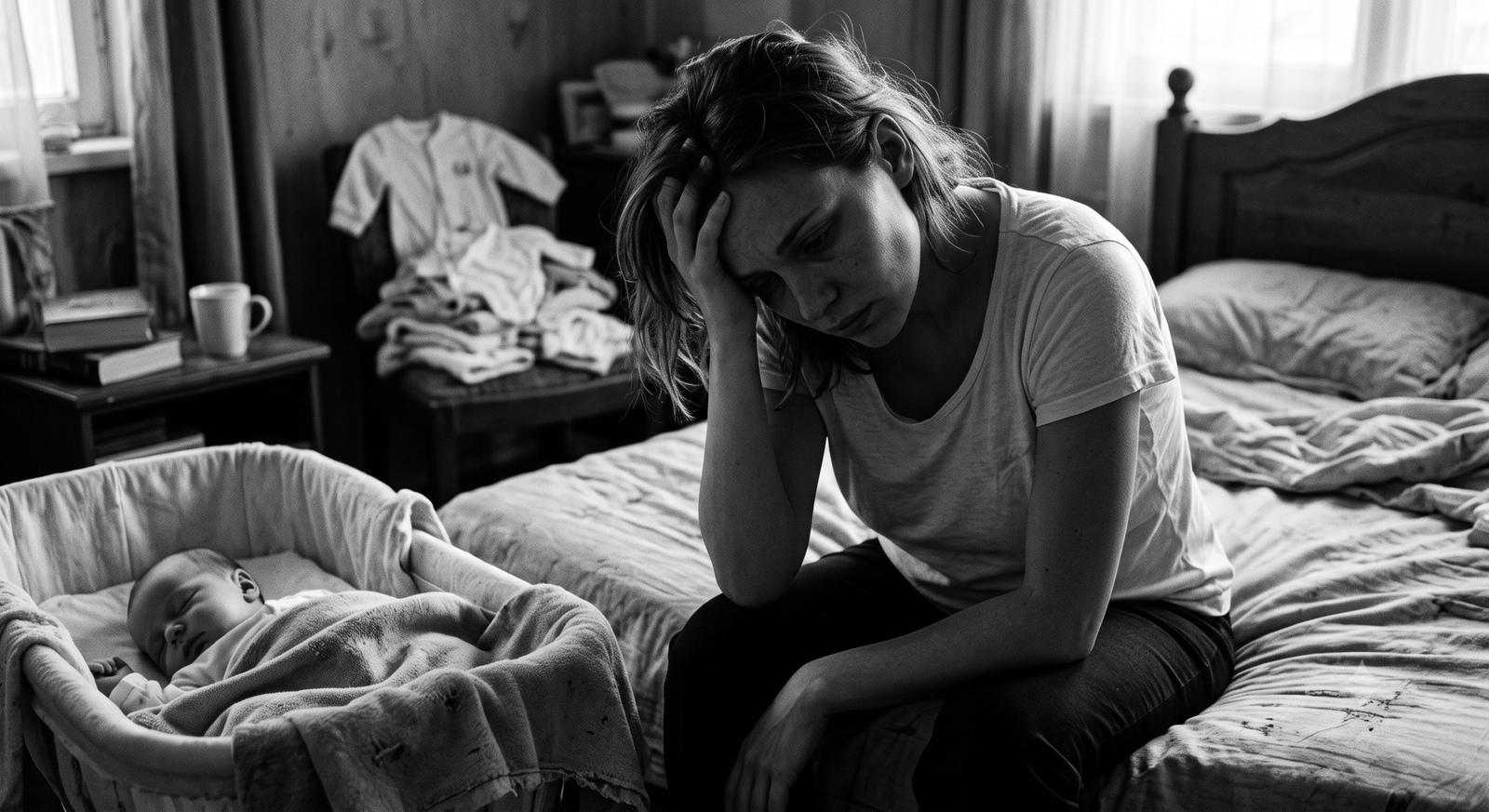 A doctor speaking with a new mother experiencing postpartum depression and emotional exhaustion