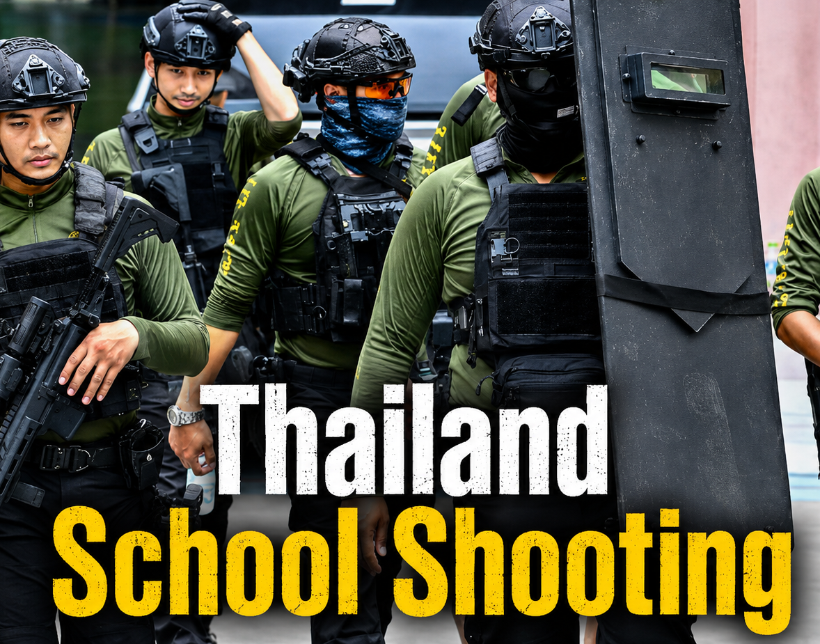 Emergency responders and police presence outside Debsirin Nonthaburi School in Thailand