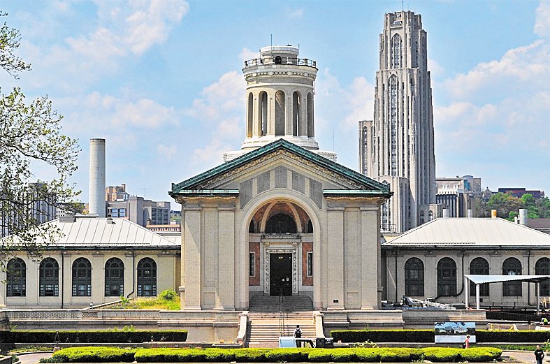 Historic stone academic buildings on the Carnegie Mellon University campus in Pittsburgh Pennsylvania