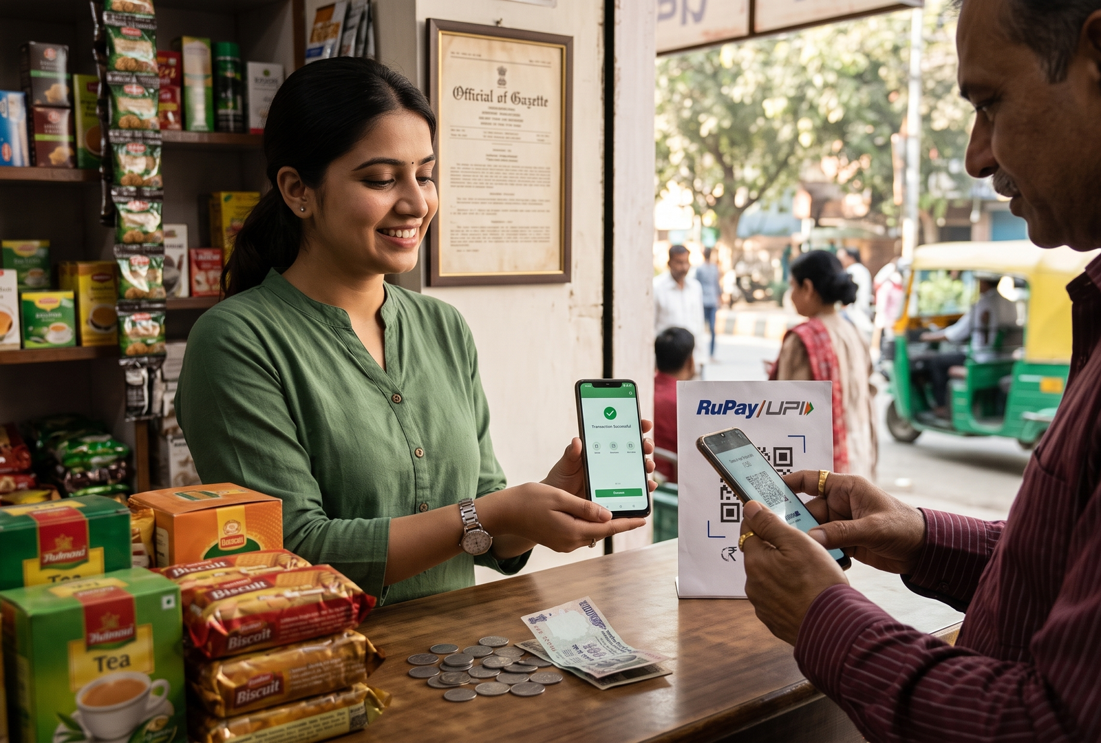 consumer making digital payment using upi qr code at retail shop