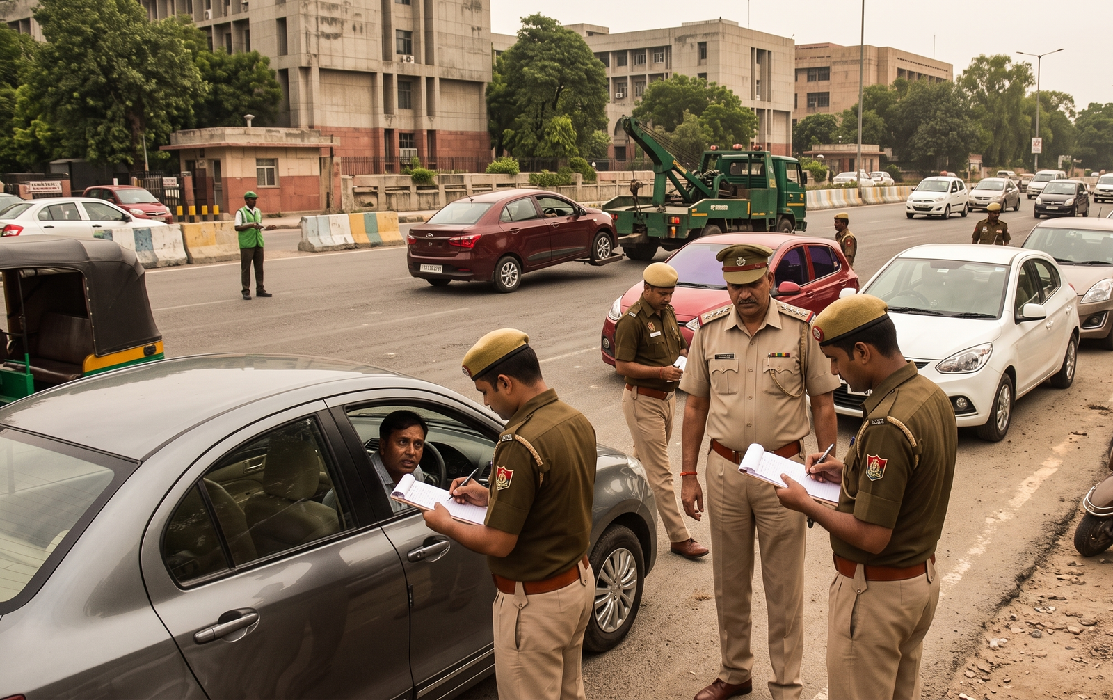 delhi traffic police issuing challans to violating vehicles on a busy road