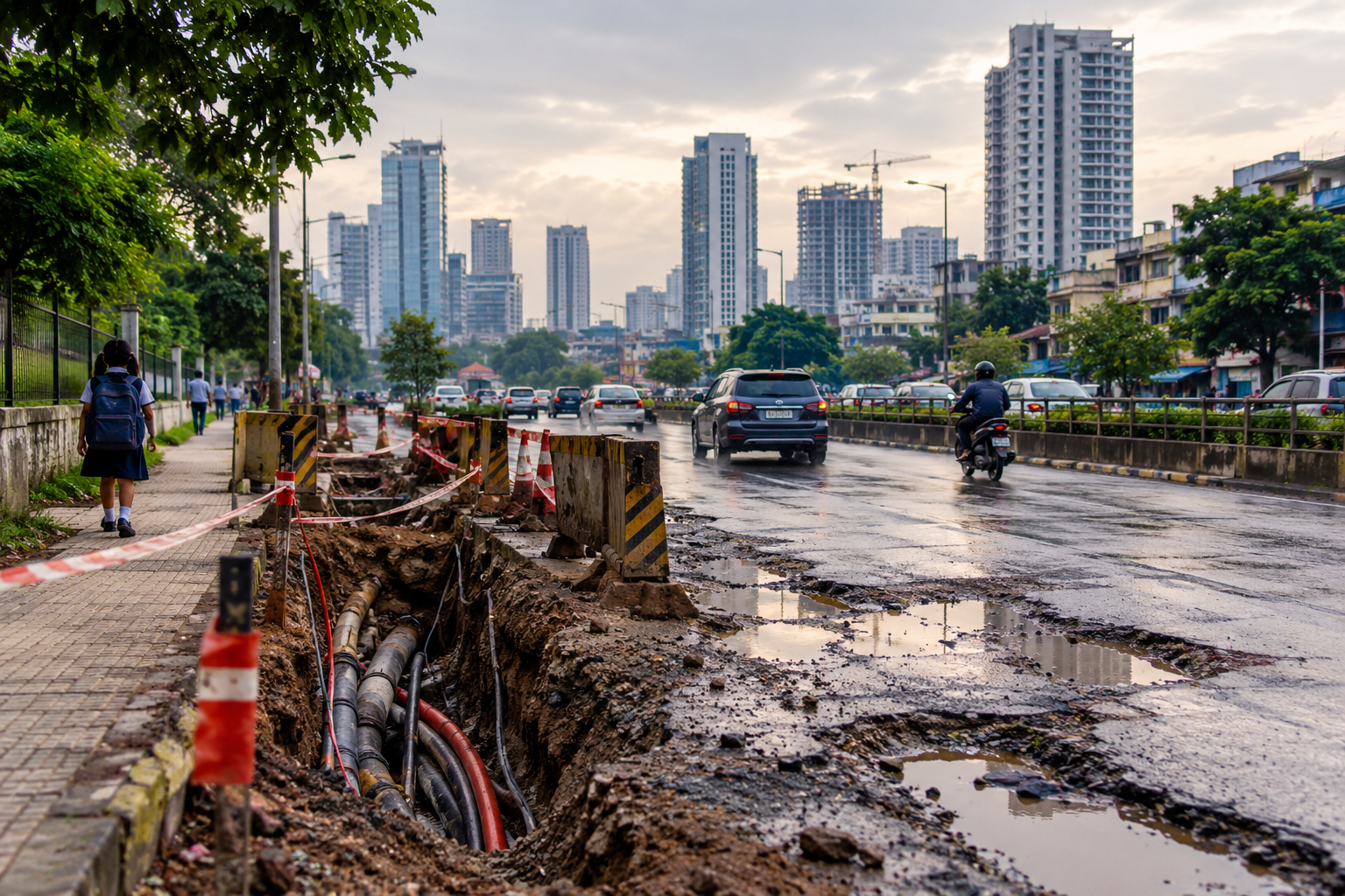 A dug-up, waterlogged public road in an Indian city showing uneven asphalt patches and construction debris.excavation in indian city